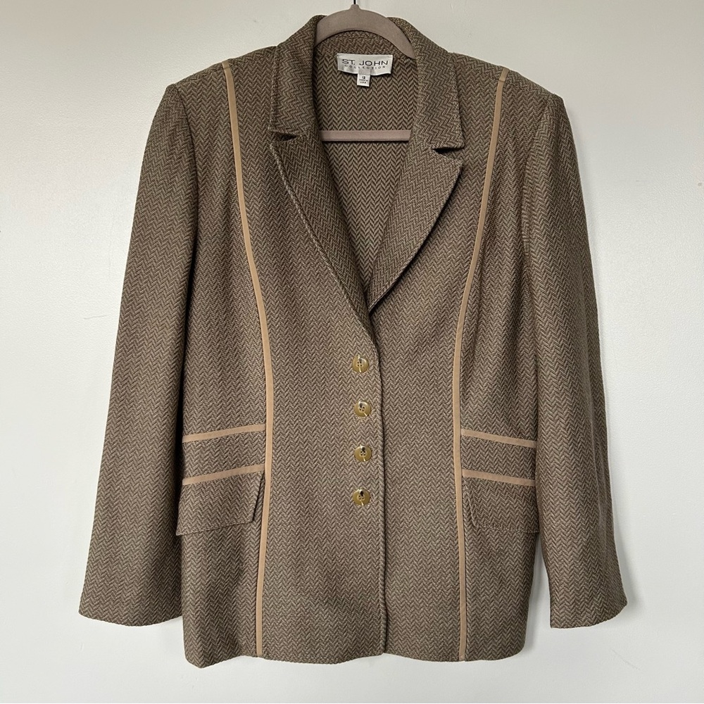 St. John Collection Brown Herringbone Blazer with Tan Piping
